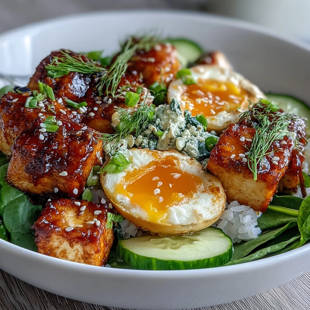 Savory Tofu Jammy Egg Breakfast Bowl: colorful rice, crisp veggies, and creamy yolk appeal.