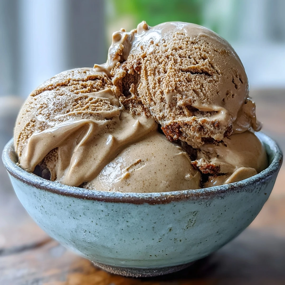 A scoop of Hojicha Ice Cream shows creamy beige tones in a ceramic bowl, topped with toasted sesame seeds for a nutty crunch.  