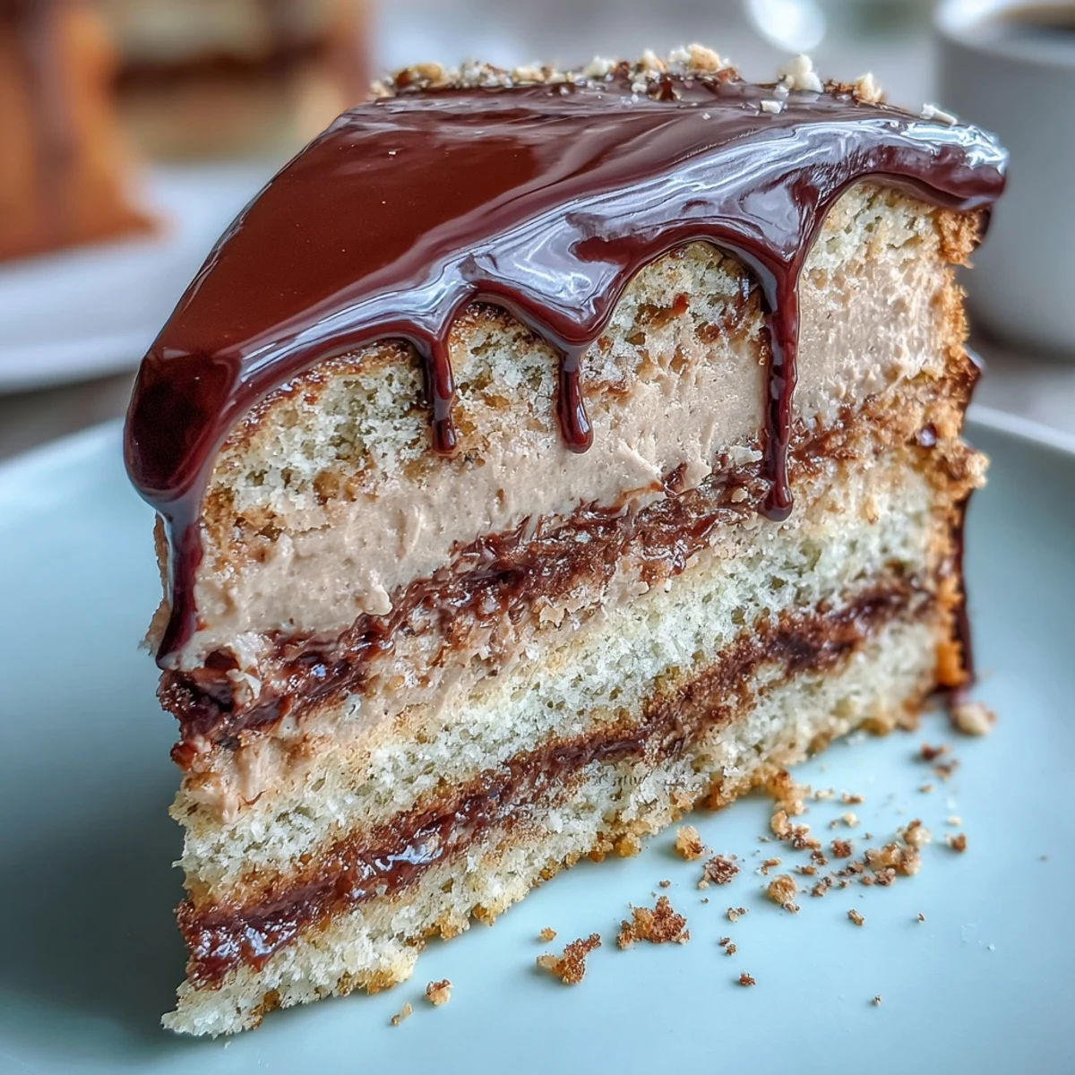 Frosted Hojicha Butter Cream Cake topped with chocolate shavings sits on a marble board, ready to serve eight dessert lovers.