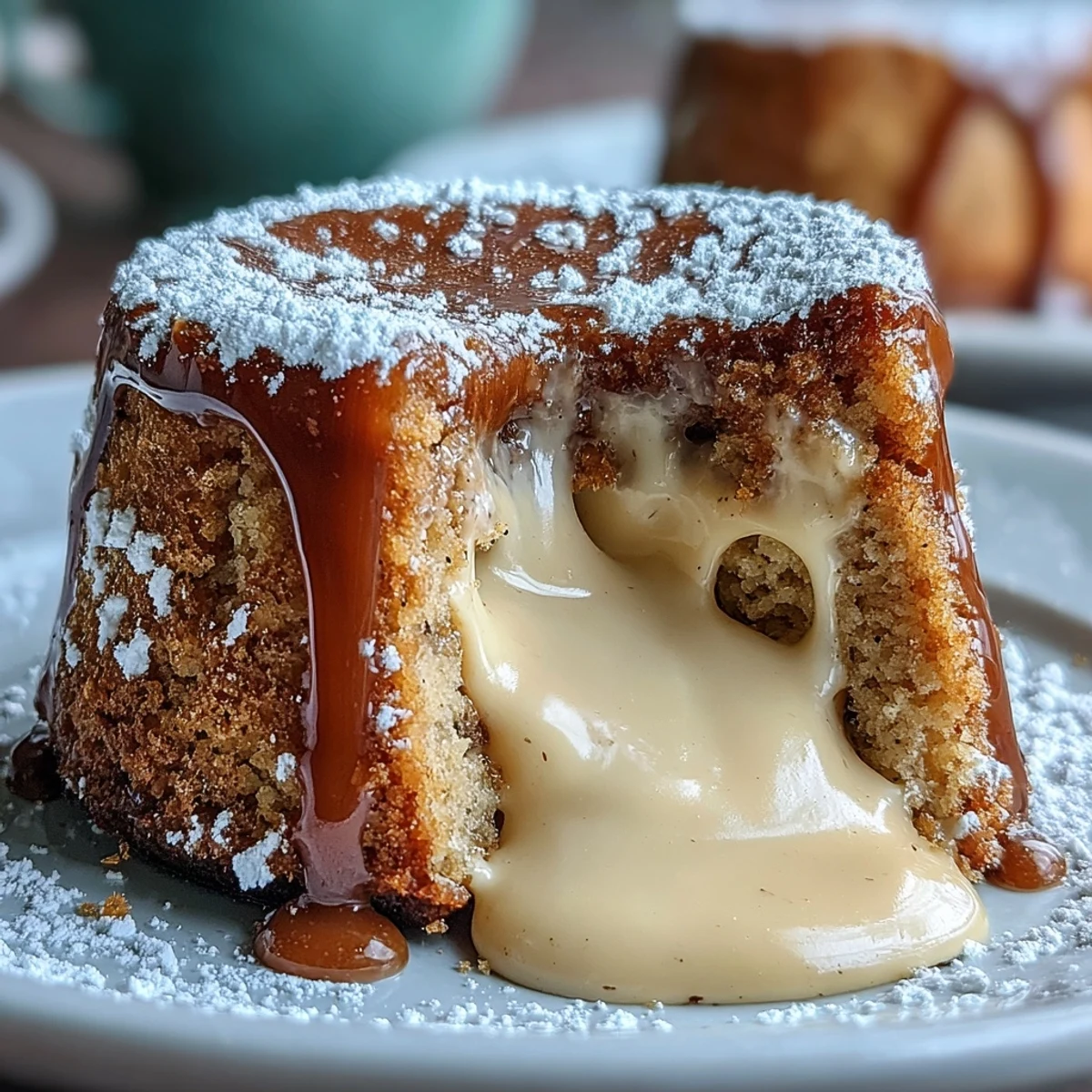 Decadent individual Hojicha White Chocolate Lava Cake served with whipped cream, showcasing a rich molten white chocolate and roasted green tea filling.
