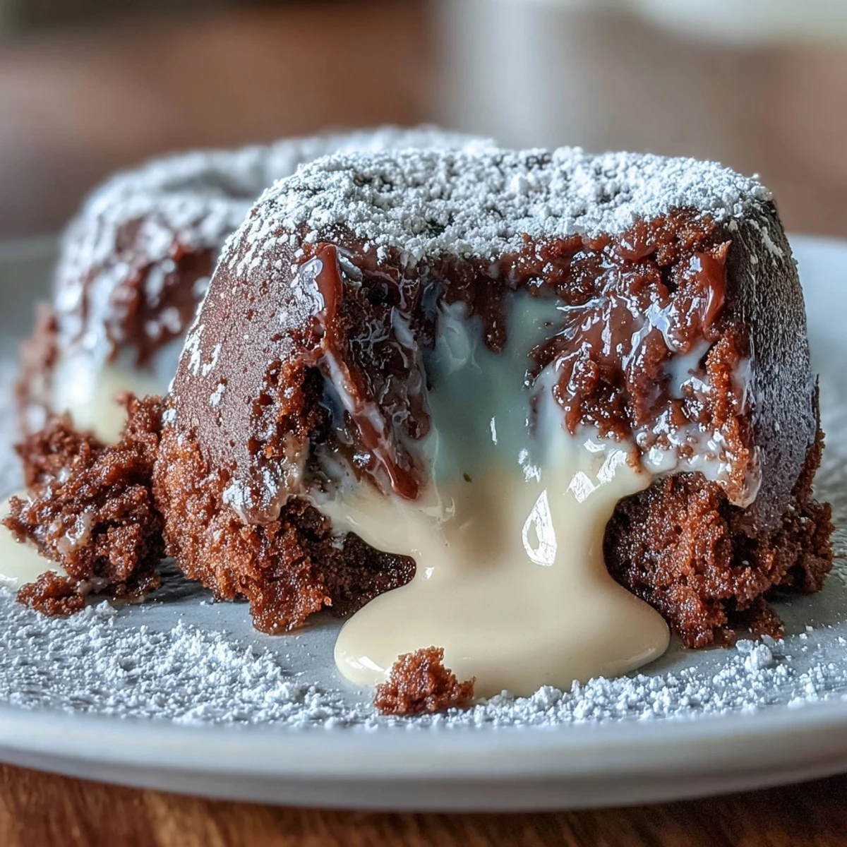 A single Hojicha Lava Cake on a plate, showcasing a molten roasted green tea ganache flowing from the warm, crumbly white chocolate cake.  