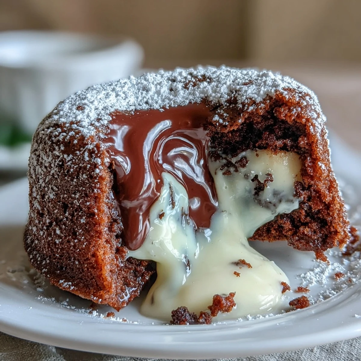 The interior of a Hojicha Lava Cake reveals a rich, dark roasted tea ganache inside the tender white chocolate sponge.