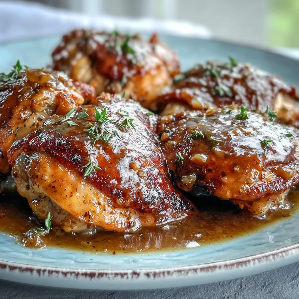 Slow cooker Honey Mustard Chicken breasts bathed in a glossy, velvety sauce with garlic and herbs.