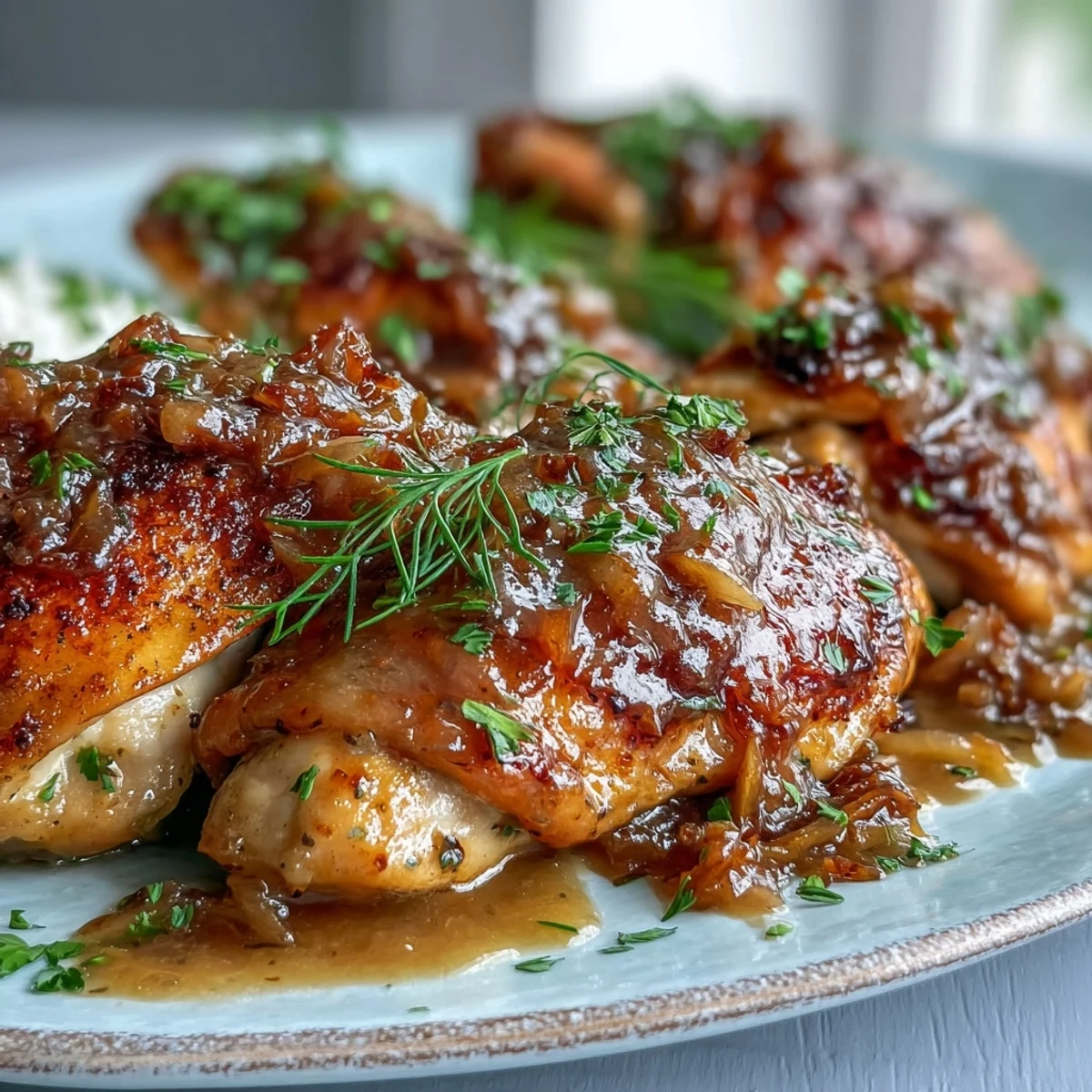 Easy slow cooker Honey Mustard Chicken plated with mashed potatoes, drizzled with extra golden sauce.
