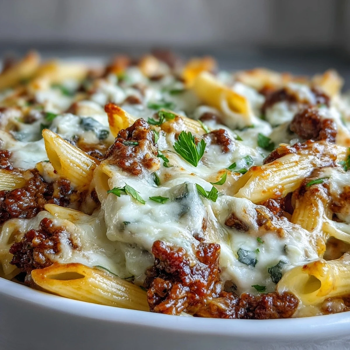 Bubbling mozzarella tops golden-brown Cottage Cheese Protein Pasta Bake with ground beef, served in a ceramic dish.