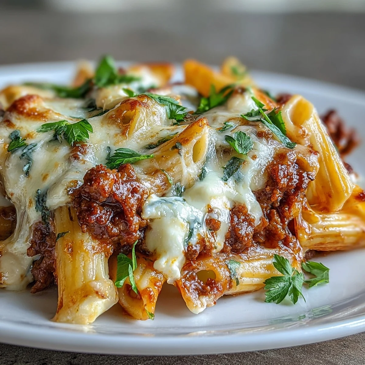 Steam rises from a spoonful of Cottage Cheese Protein Pasta Bake, revealing creamy texture and hearty ground beef.