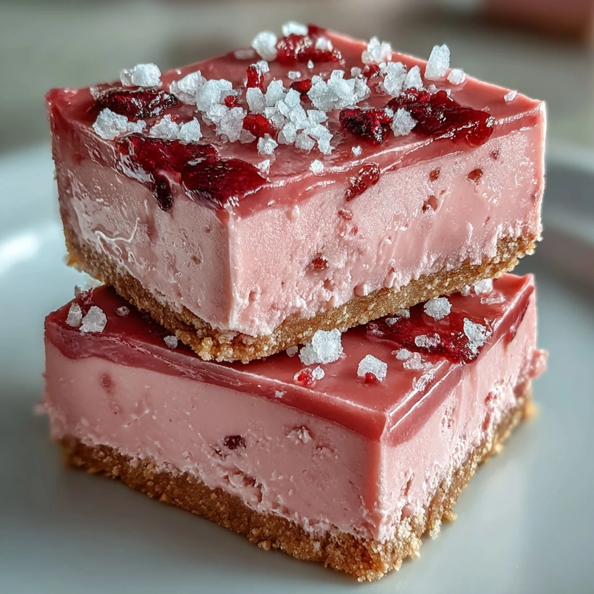 Freshly cut No-Bake Strawberry Fudge Squares reveal a creamy pink center and buttery graham cracker crust.