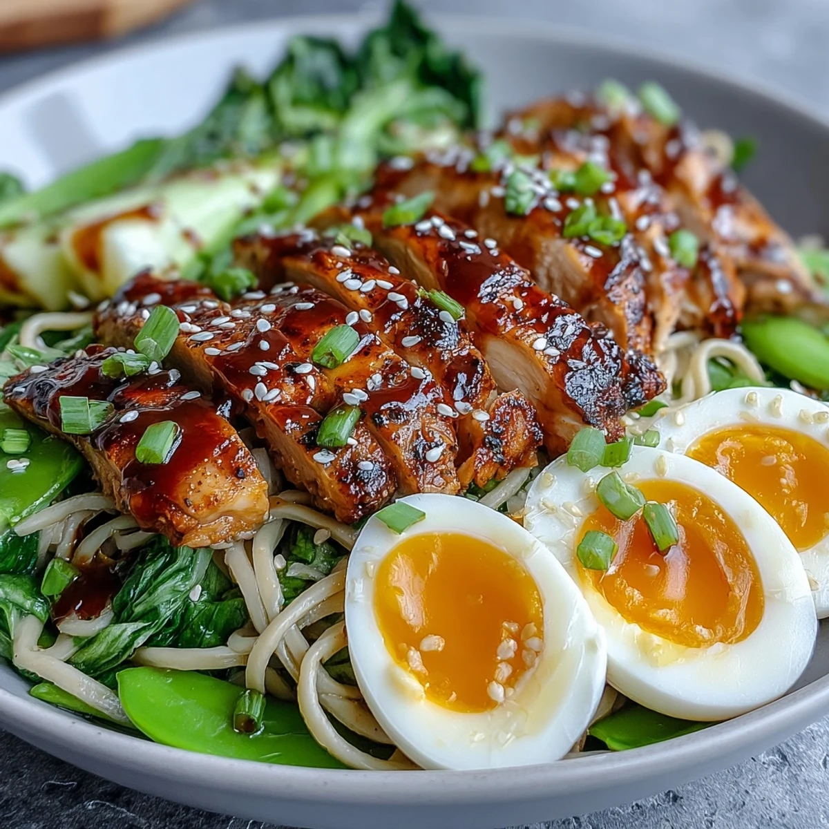 A close-up of Healthy Miso Chicken Noodle Bowls with sliced chicken, bok choy, and a soft-boiled egg.