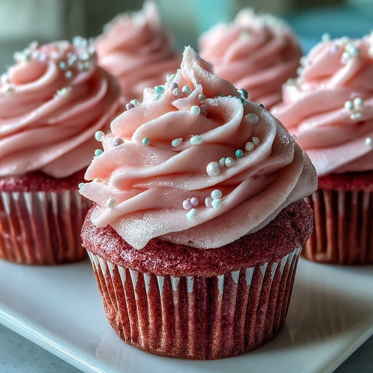 Frosted pink velvet cupcakes with swirls of vanilla buttercream, served on a marble countertop with a vintage cake stand.