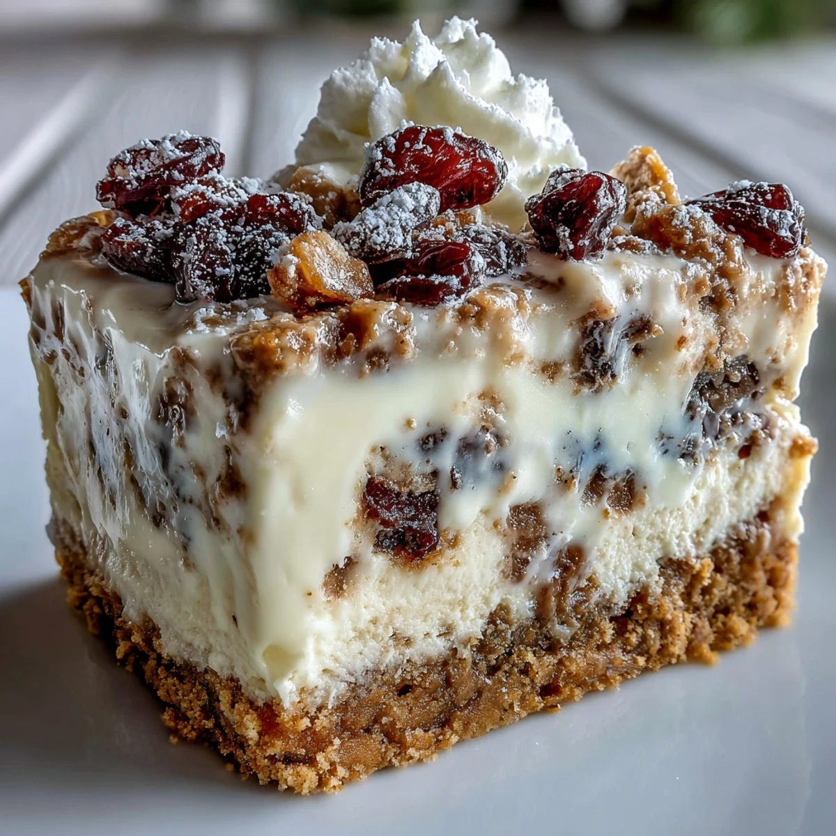 Golden squares of Christmas Cheesecake Slab topped with fluffy whipped cream and snowy icing sugar on a rustic wooden table. 