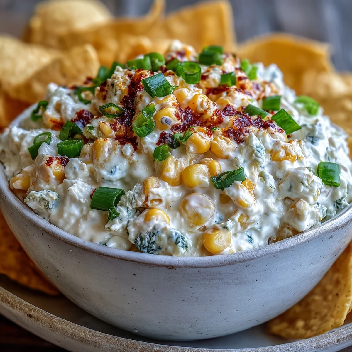 Spoonful of Crack Corn Dip with sweet corn and cream cheese, paired with crunchy chips.