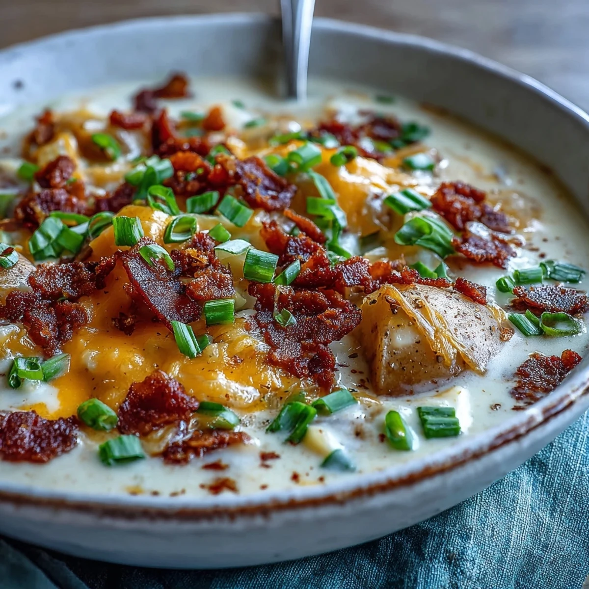 Steaming bowl of Loaded Potato Soup garnished with crispy bacon, shredded cheddar, and fresh green onions.