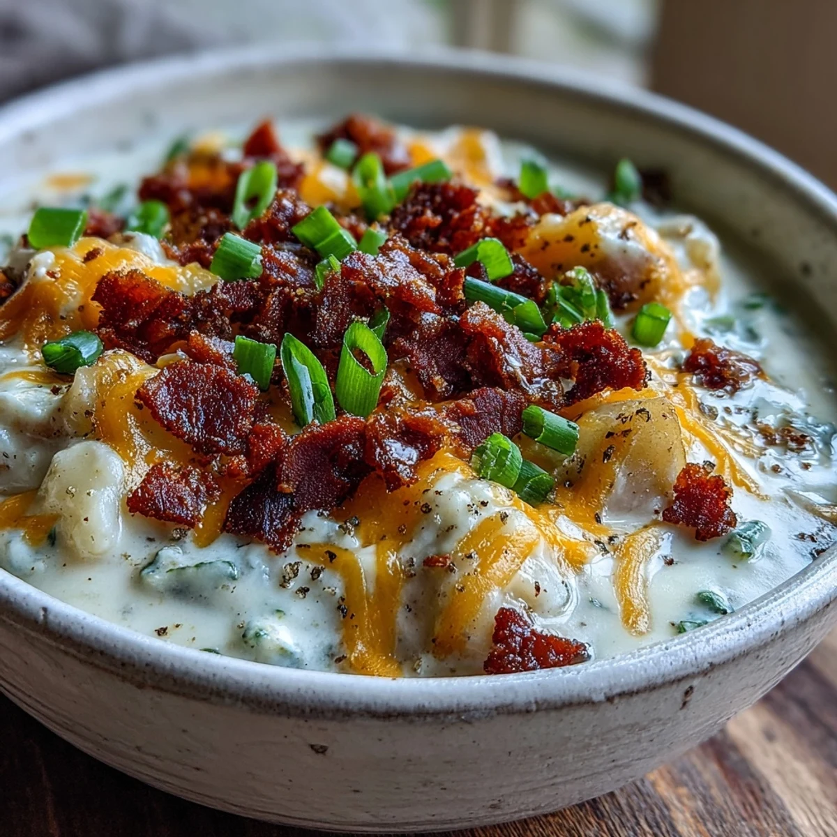 Creamy Loaded Potato Soup topped with extra cheese and chives, served with crusty bread for dipping.