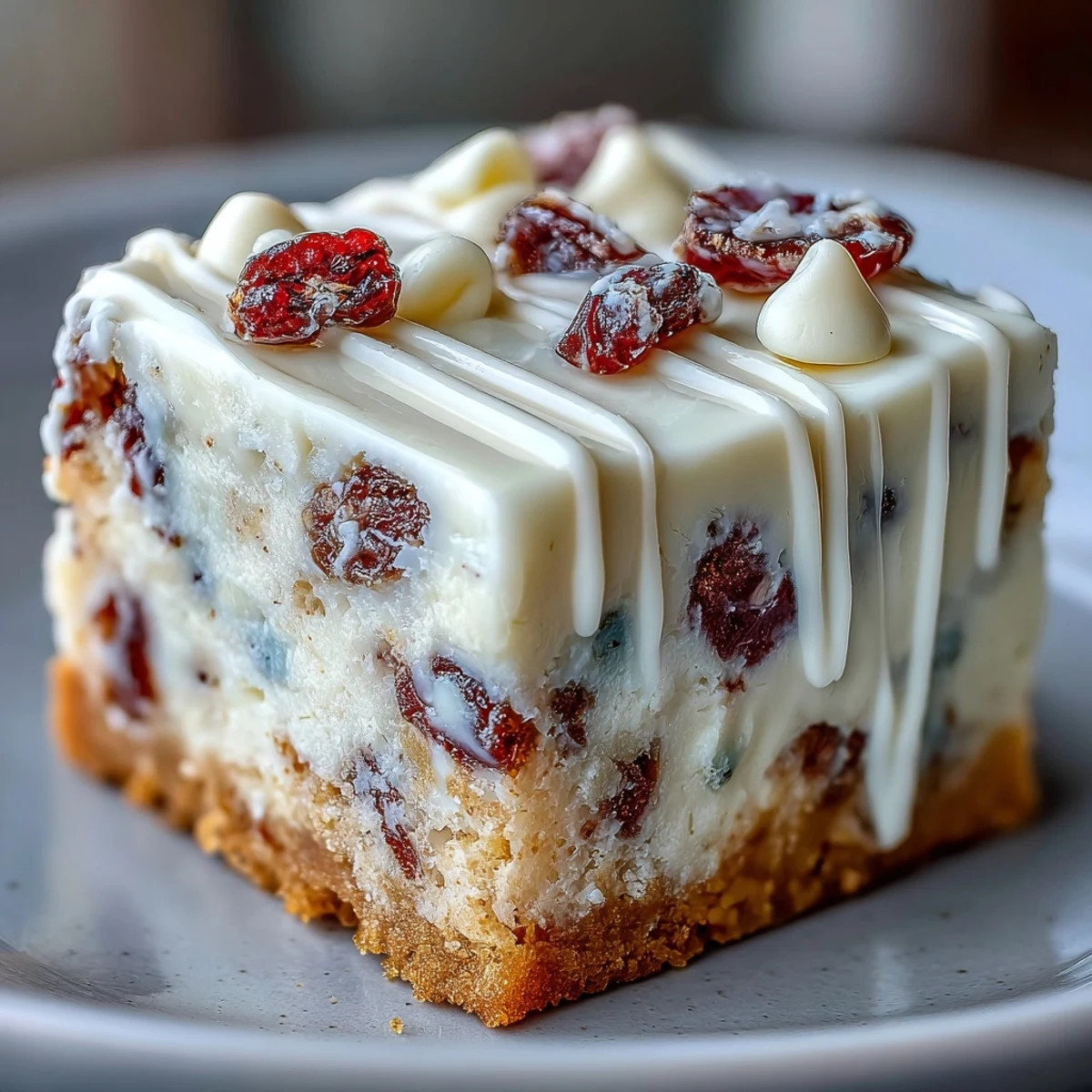 Cranberry Bliss Bars arranged on a platter, perfect for holiday gatherings, with vibrant cranberry garnish and rich chocolate drizzle.