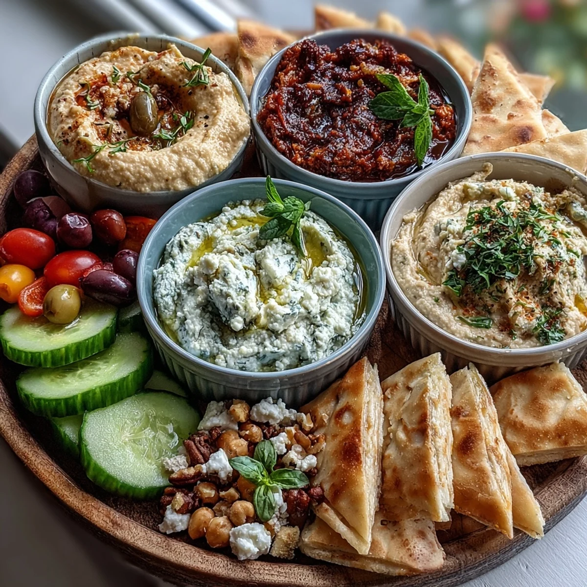A vibrant Mediterranean brunch board features creamy hummus, smoky baba ganoush, and tangy tzatziki surrounded by fresh vegetables and flatbreads.