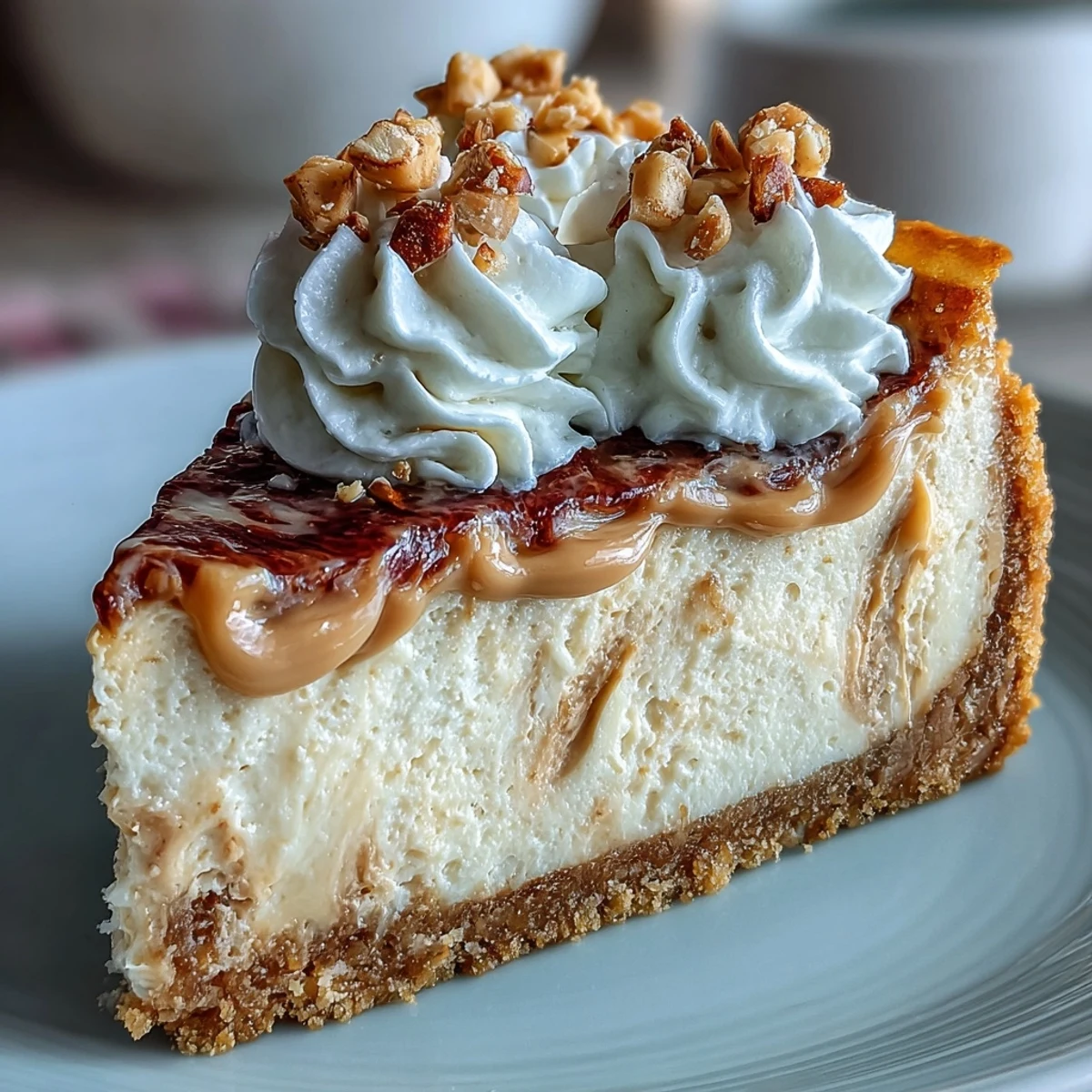 Freshly sliced Nutter Butter Cheesecake reveals a creamy peanut butter swirl over a crunchy cookie crust, topped with whipped cream and peanuts.