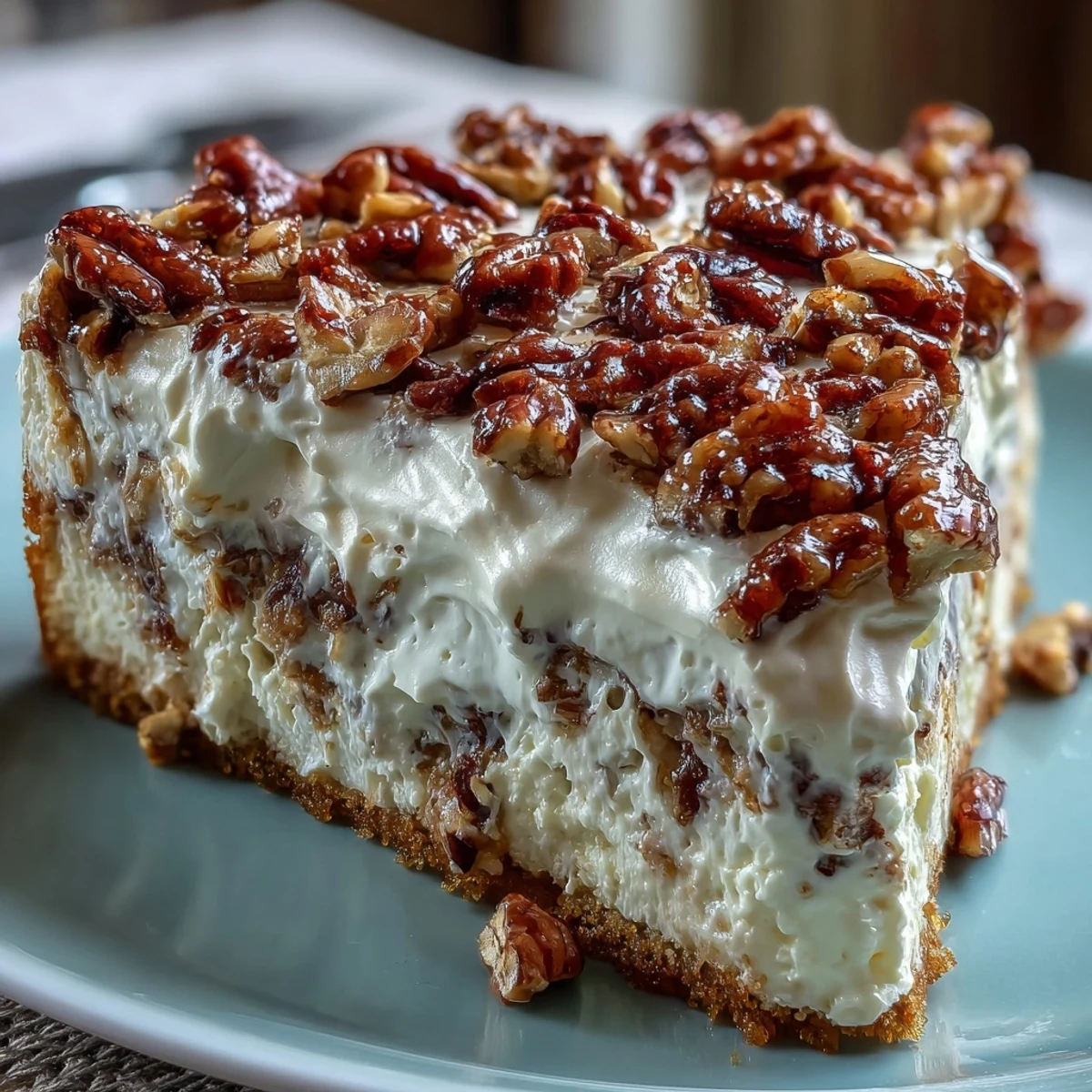 Overhead view of Butter Pecan Tres Leches Cake with fluffy whipped cream and golden, buttery pecans on a rustic table.