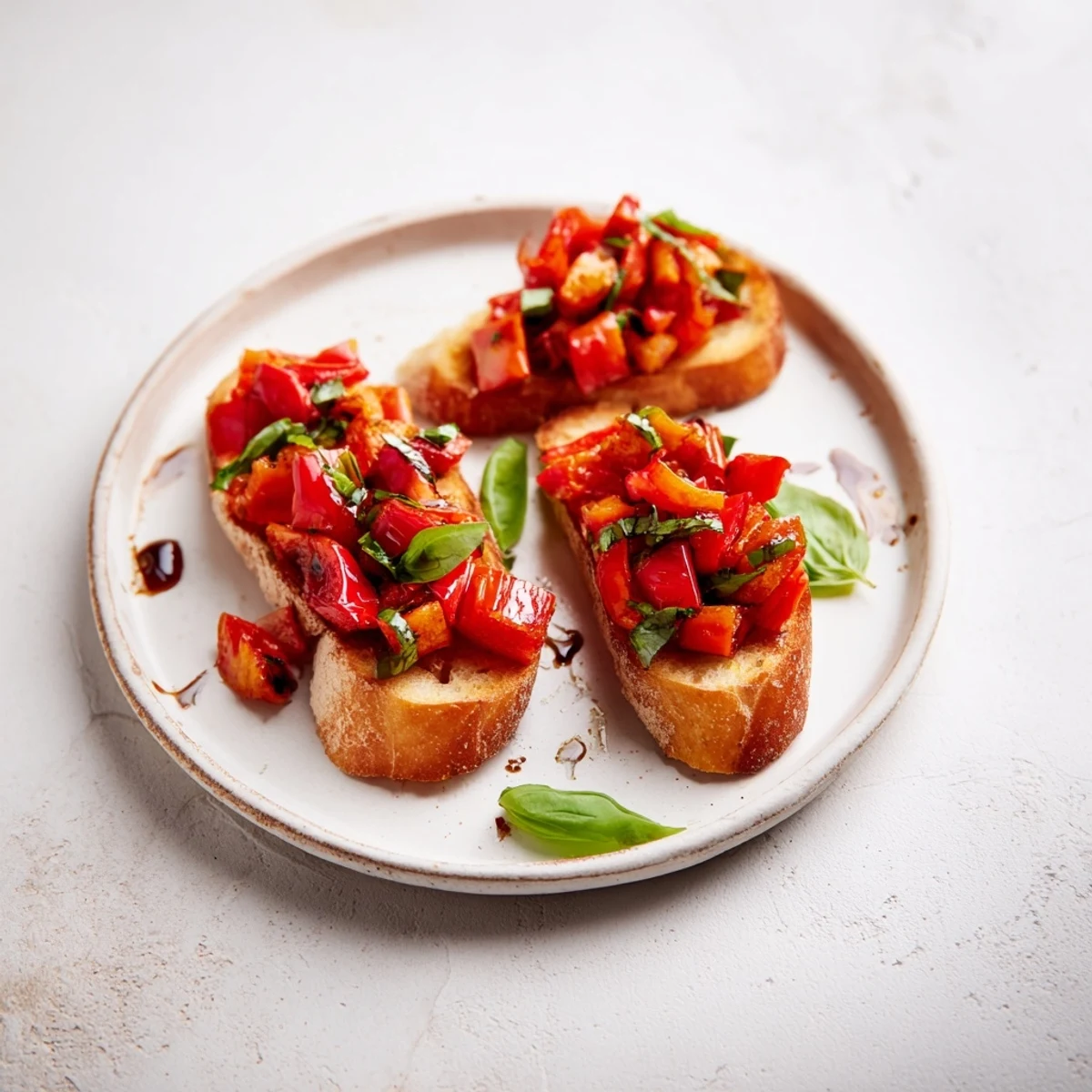 Smoky fire-roasted tomato and pepper bruschetta garnished with fresh basil leaves.  