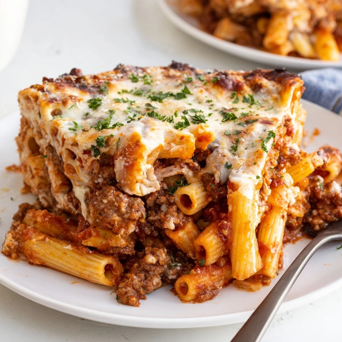 Baked Ziti with Meat Sauce glistens with melted cheeses and a hearty sauce.  