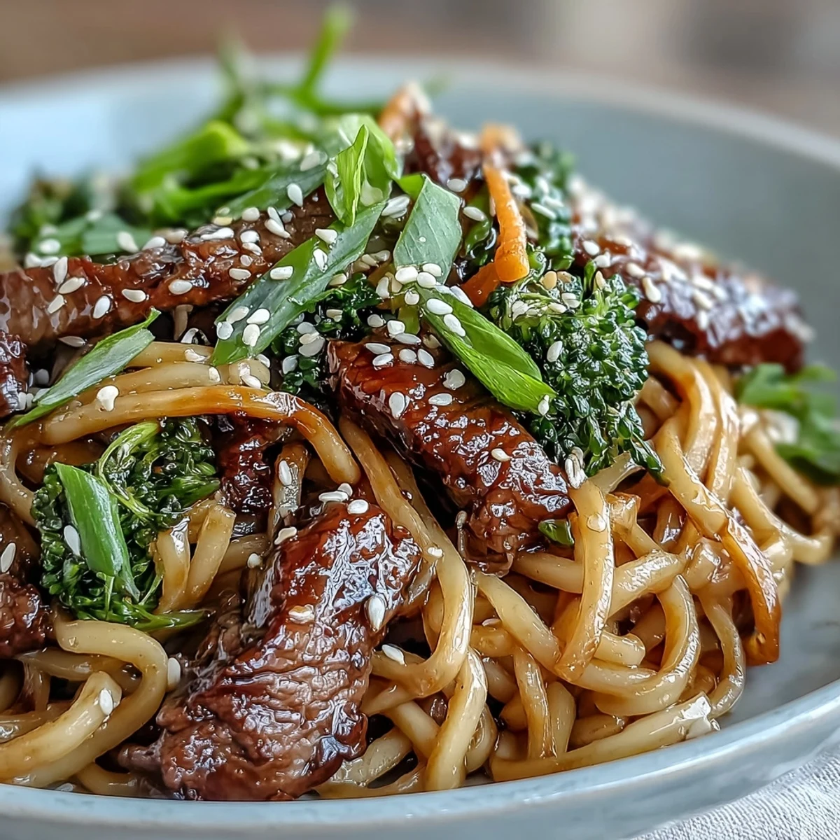 Bright sizzling flank steak, crisp broccoli, and red bell peppers glisten in a garlic-ginger skillet, ready to toss with silky rice noodles and a glossy soy-brown sugar sauce for Korean Beef Noodles.  