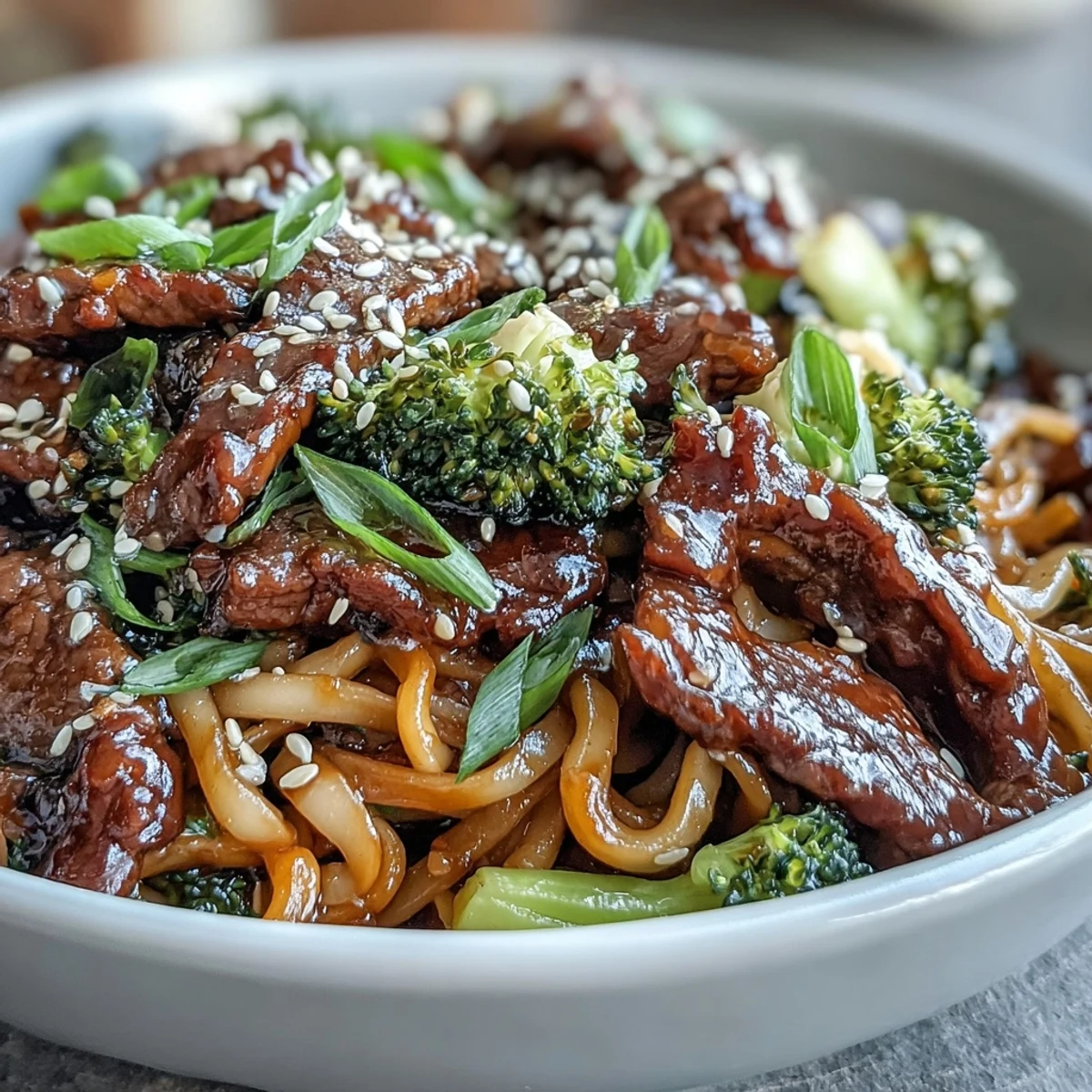 A close-up of vibrant Korean Beef Noodles showcases tender beef and julienned carrots tangled with chewy rice noodles, garnished with sesame seeds and green onions.  