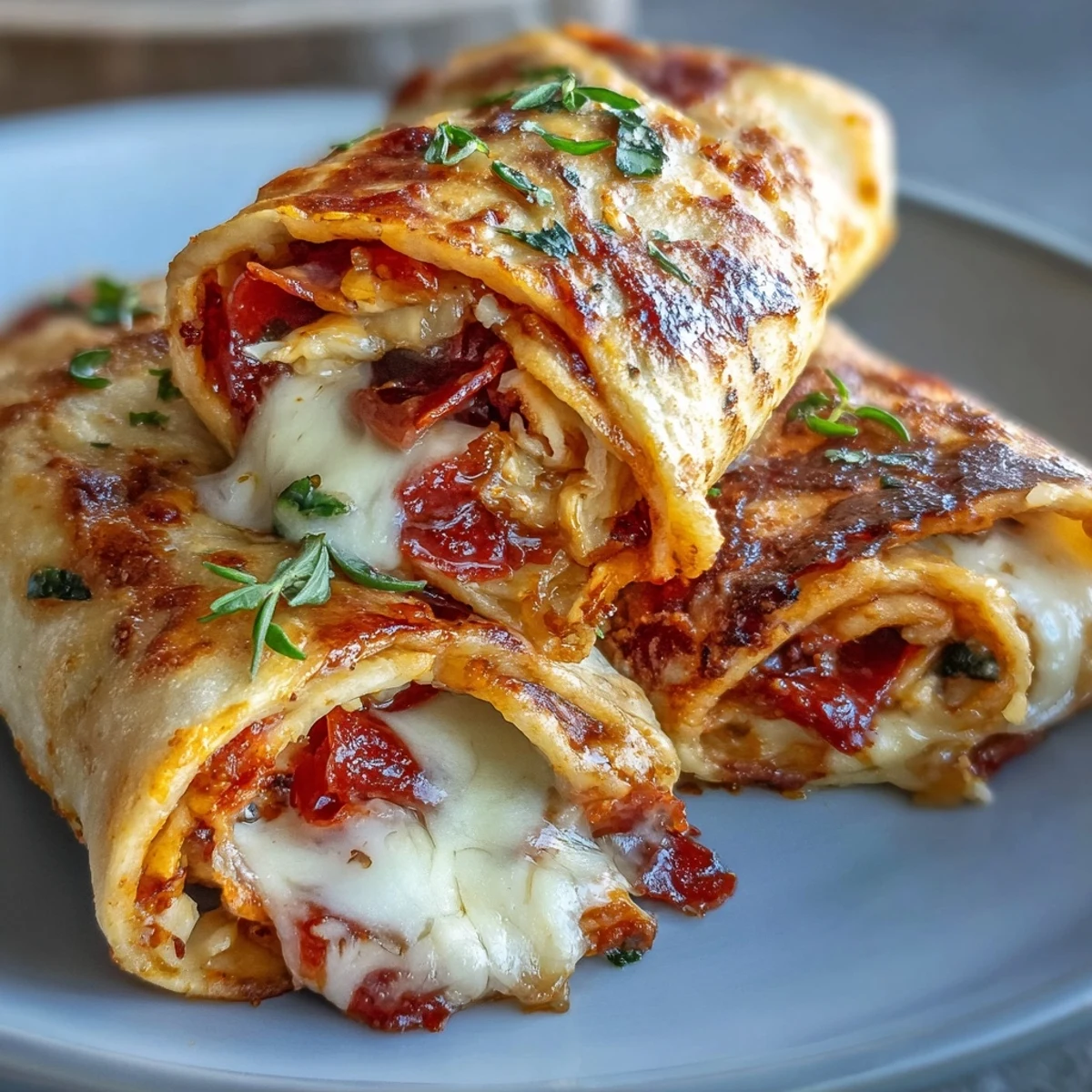 Freshly sliced Tortilla Pizza Rolls showcase a gooey cheese pull and colorful pepperoni, bell peppers, and olives on a rustic board.