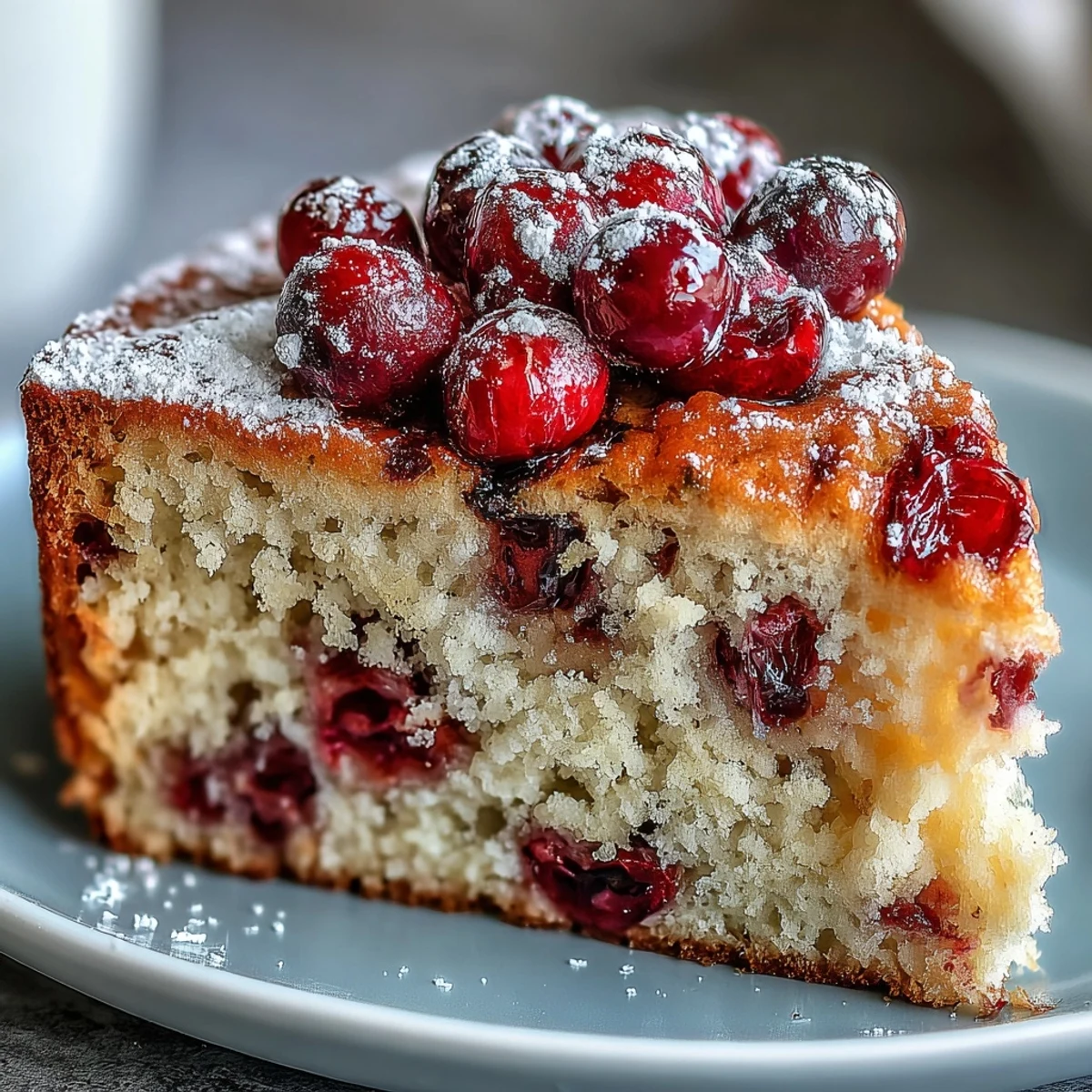 A freshly baked Cranberry Orange Breakfast Cake dusted with powdered sugar, showcasing a tender crumb with vibrant orange zest and tart cranberry specks on a rustic wooden board.