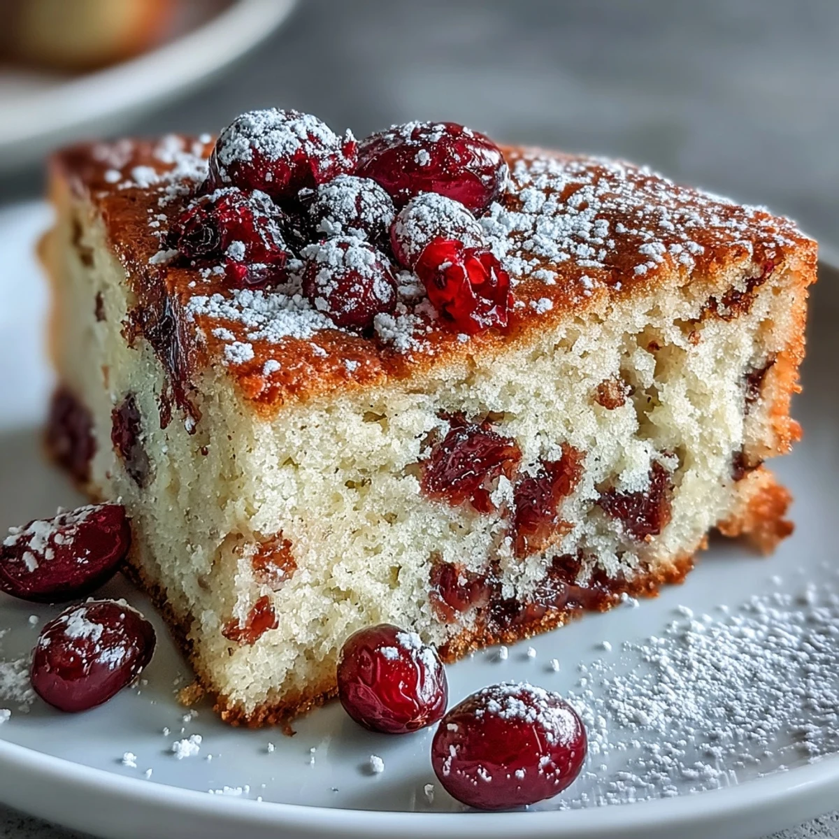 Warm slices of Cranberry Orange Breakfast Cake reveal bursts of juicy cranberries and bright citrus zest, served alongside a steaming mug of coffee for a cozy morning treat.