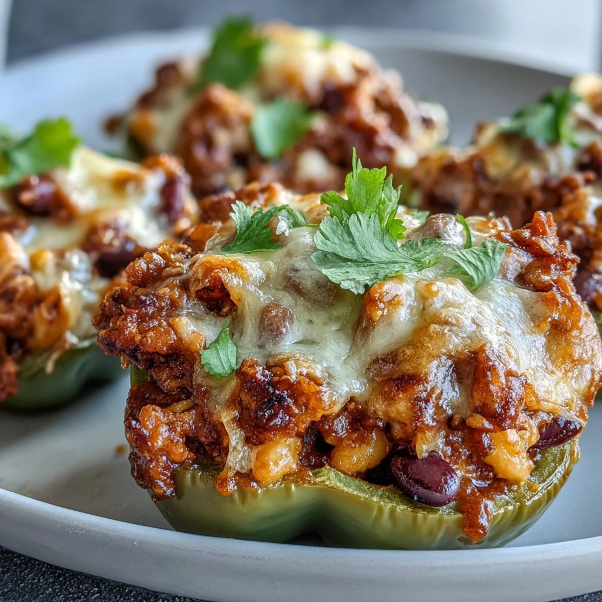 Golden-brown baked chili mac stuffed peppers with bubbling cheddar and fresh cilantro garnish on a rustic plate.