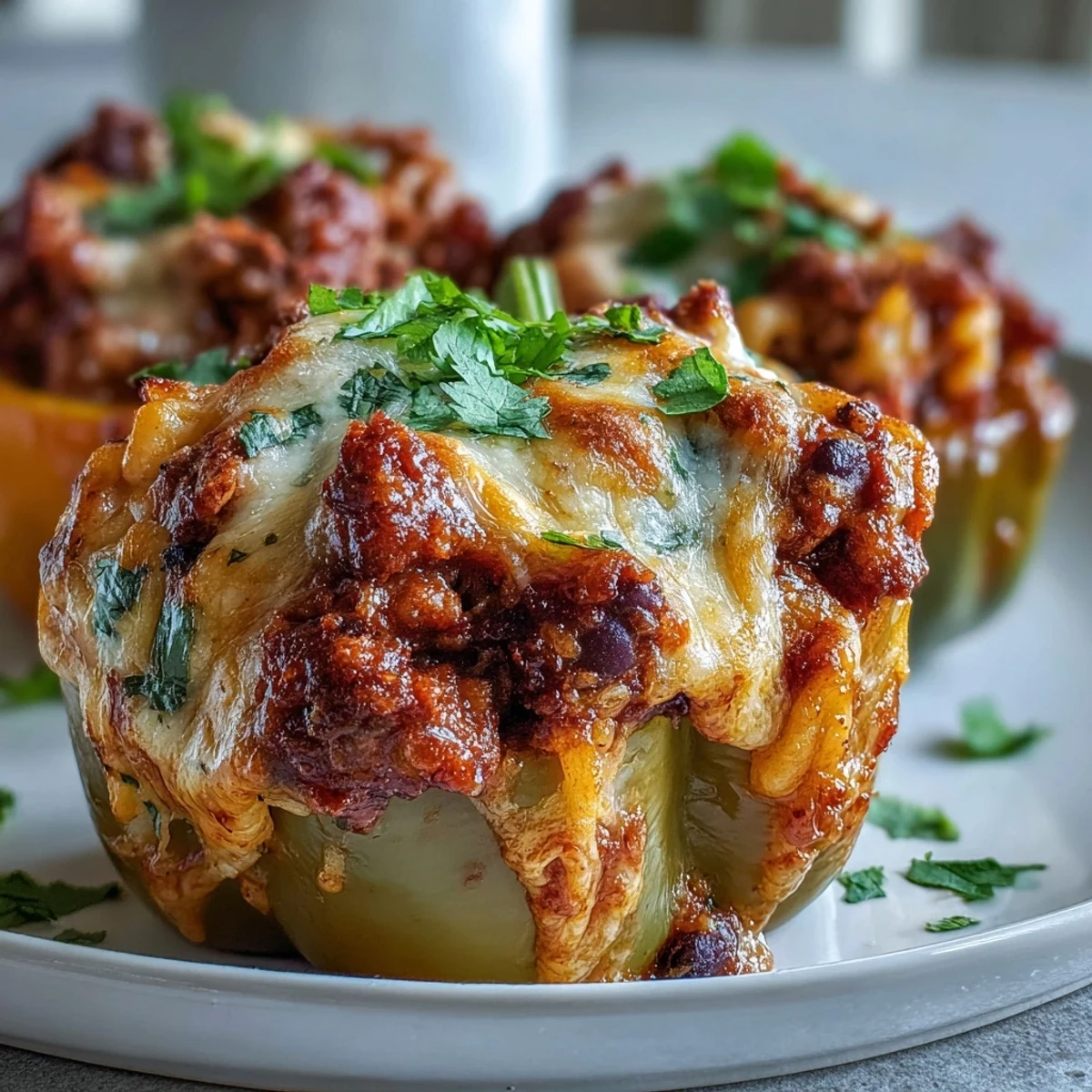 Juicy baked chili mac stuffed peppers served on a white plate with melted cheese and a side salad.