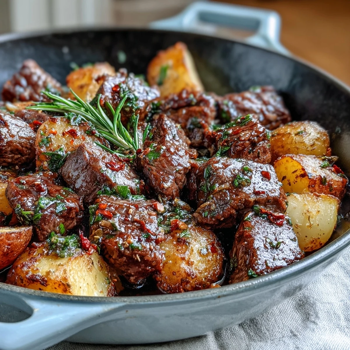 Garlic Butter Steak & Potato Skillet features golden crispy potatoes and seared steak bites drenched in rich garlic butter sauce.