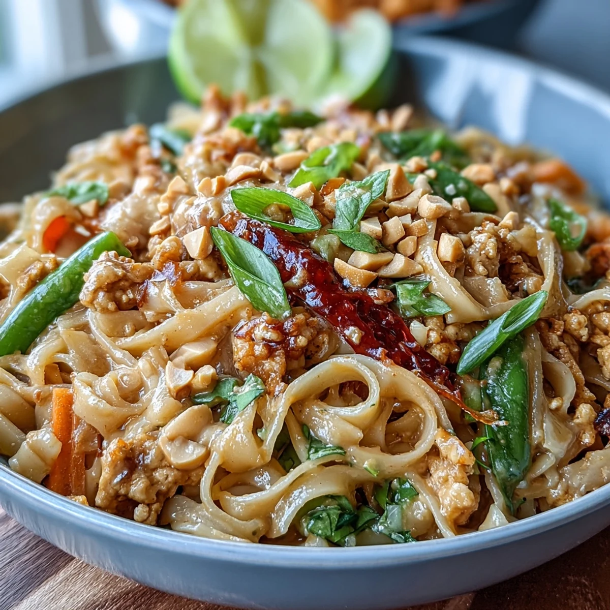 Bowl of Creamy Thai-Inspired Peanut Noodle Bowls featuring ground chicken, vibrant peppers, and snap peas beside a dipping bowl of sauce.