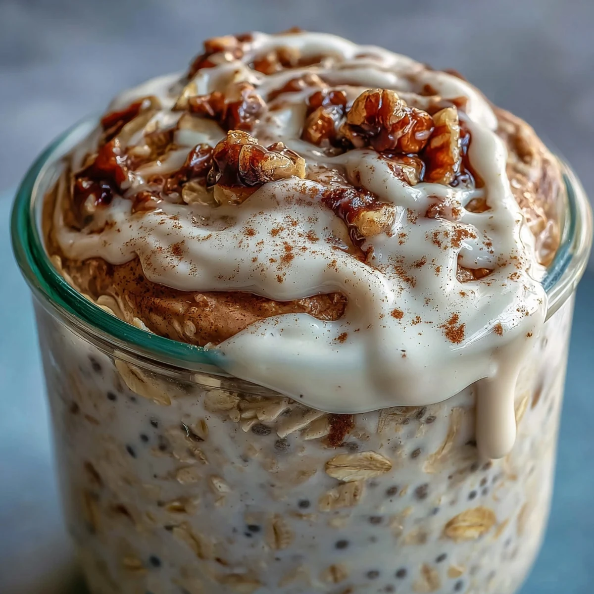 Close-up of creamy High-Protein Cinnamon Roll Overnight Oats in a clear jar, layered with a thick cream cheese-style drizzle and a dusting of cinnamon.