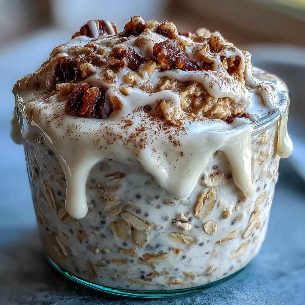 Overhead view of a nutritious breakfast bowl featuring High-Protein Cinnamon Roll Overnight Oats with a swirl of vanilla glaze and a spoon ready to serve.