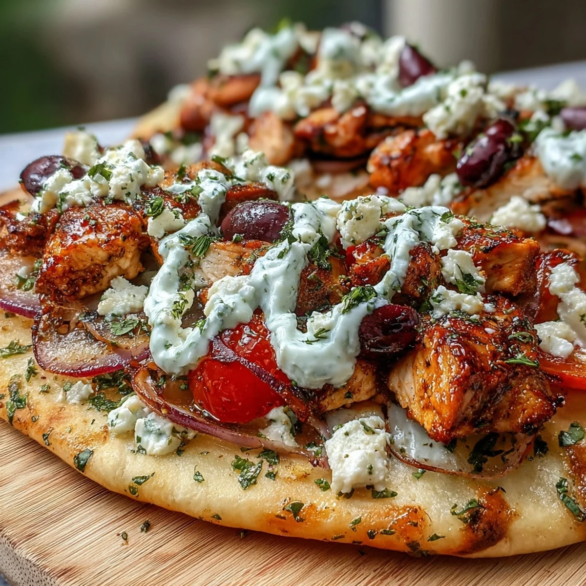A golden, crispy-edged naan crust loaded with seasoned chicken, creamy feta, and thin red onion slices, finished with a drizzle.