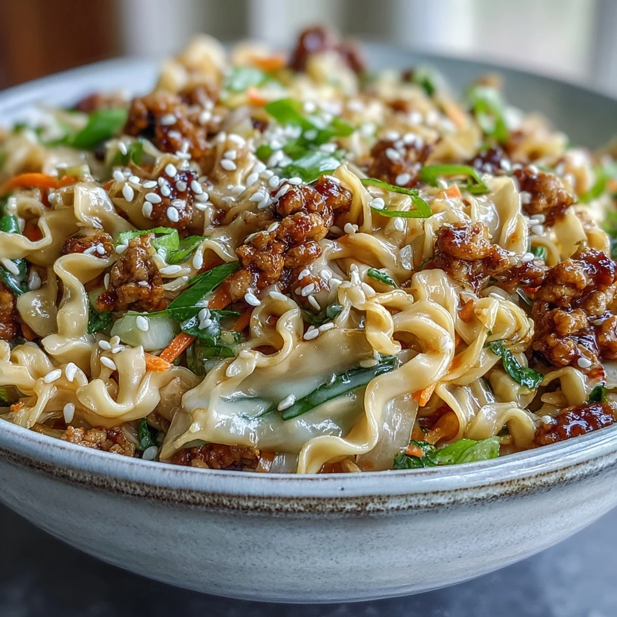 Creamy Potsticker Noodle Stir-Fry served warm in a bowl with glossy noodles, ground turkey, and shredded cabbage.