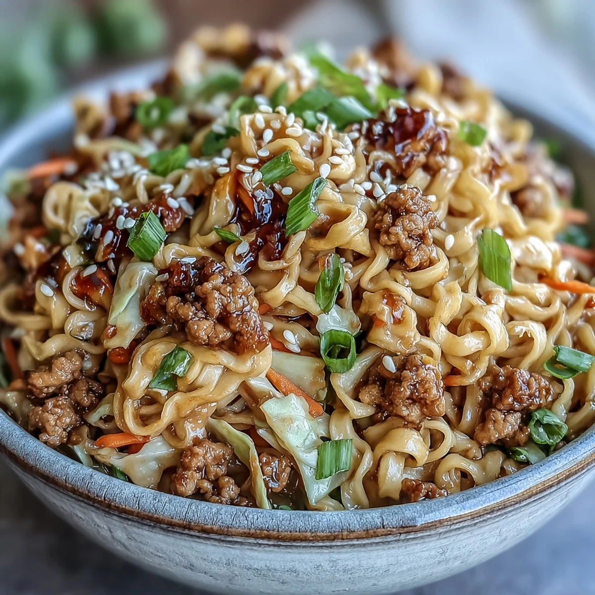 Spicy chili crisp drizzled over Creamy Potsticker Noodle Stir-Fry, garnished with sesame seeds and scallions for extra crunch.