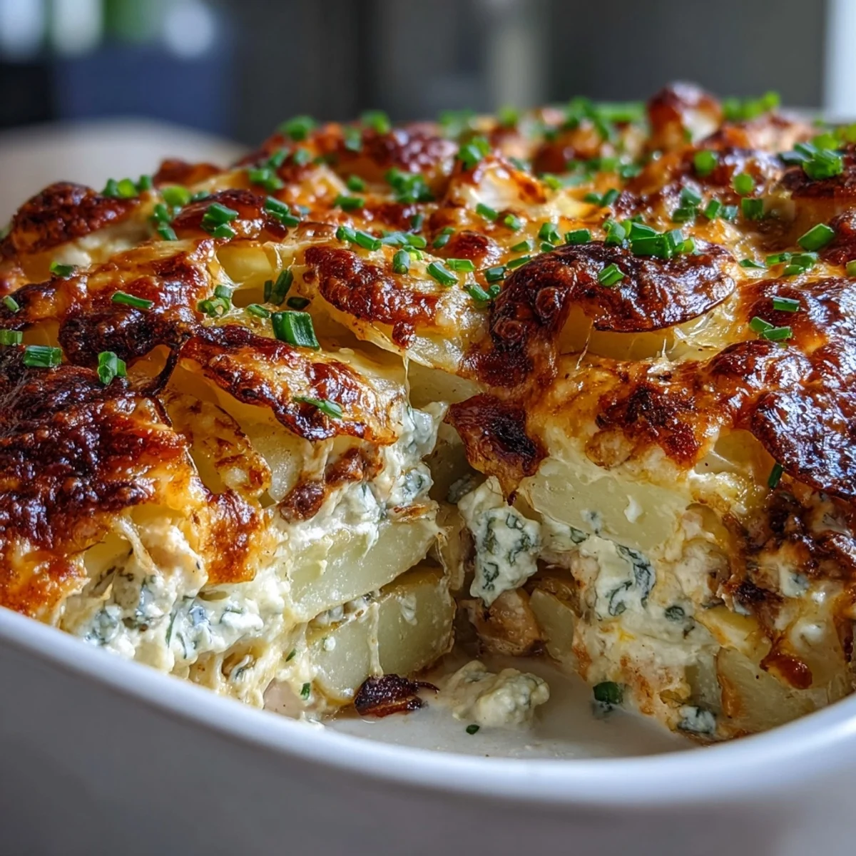 Freshly baked Creamy Ranch Chicken Potato Casserole with golden melted cheese and tender chicken layers.