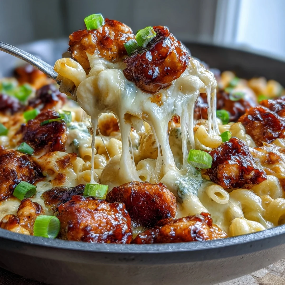 Sticky Honey BBQ Chicken Pasta Skillet topped with scallions, served bubbling hot from the skillet.