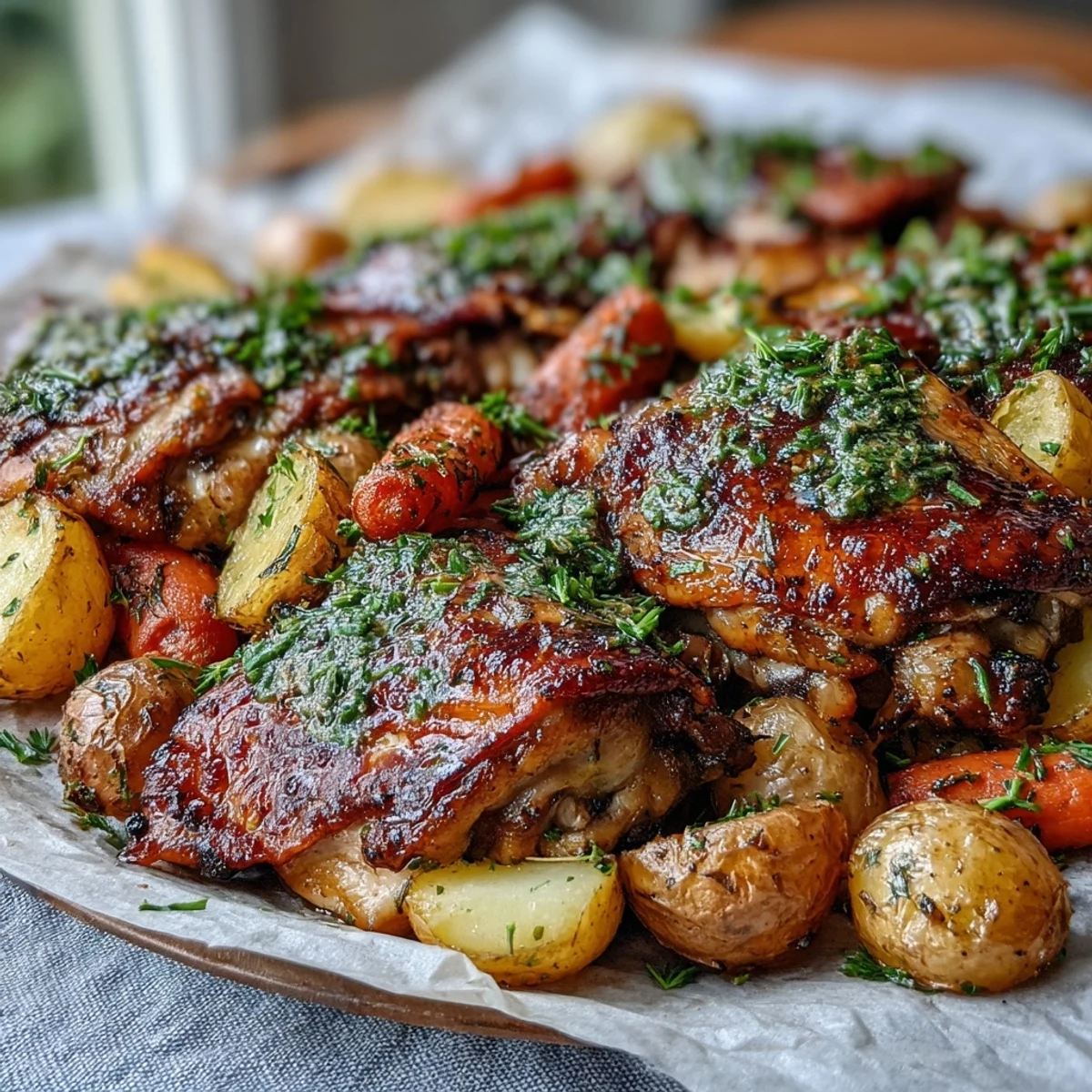 Golden, crispy-skinned ranch chicken thighs roasted beside tender potatoes and carrots on a single sheet pan for an easy weeknight dinner.