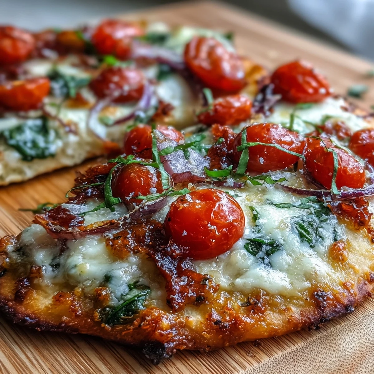 Rustic Crispy Garlic Parmesan Naan Pizza served on a wooden board with a quick, easy weeknight dinner vibe.