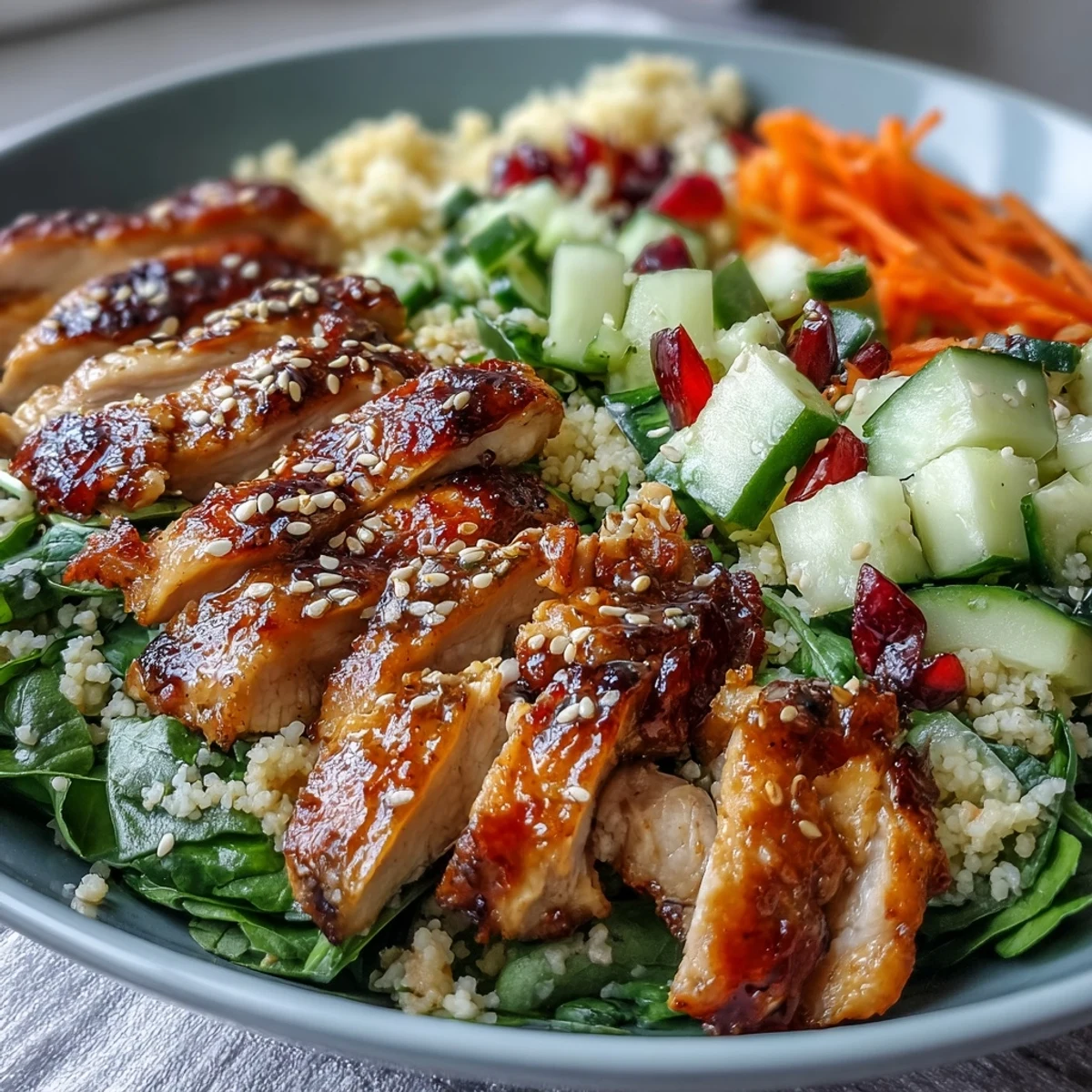 Colorful Sesame Ginger Chicken Couscous Bowls filled with tender sliced chicken, diced cucumbers, shredded carrots, and red bell peppers topped with sesame seeds.