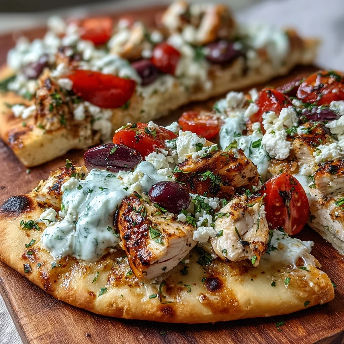 Freshly baked Lemon Feta Chicken Naan Pizza topped with melty mozzarella, juicy red cherry tomatoes, and sliced Kalamata olives.