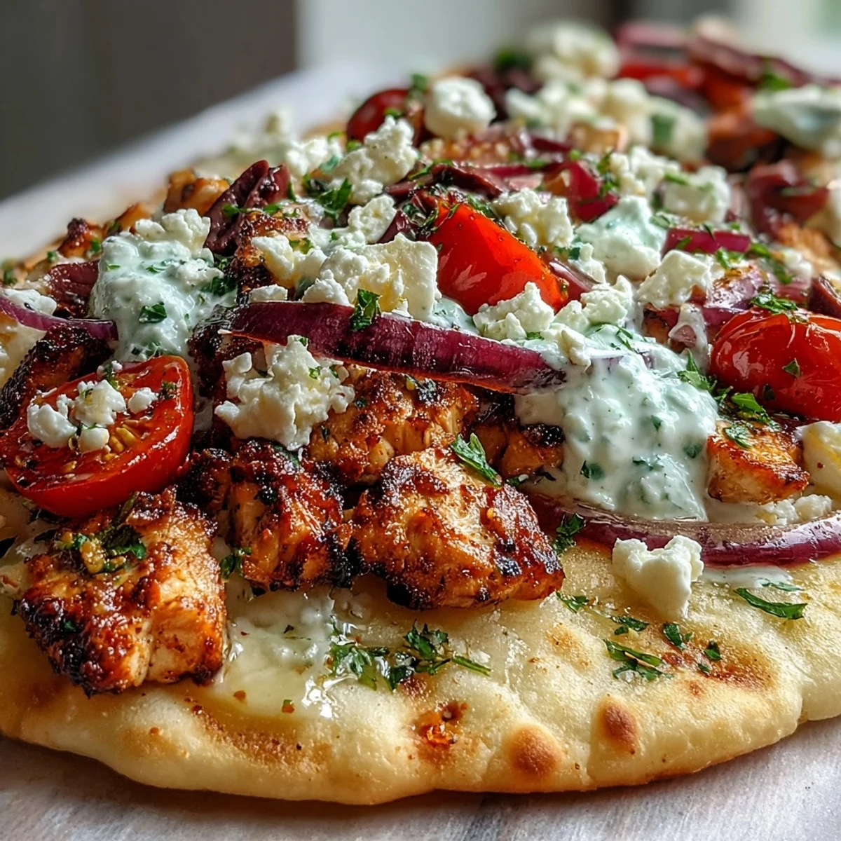 Golden Lemon Feta Chicken Naan Pizza on a rustic plate, garnished with fresh dill and served alongside a small bowl of tzatziki.