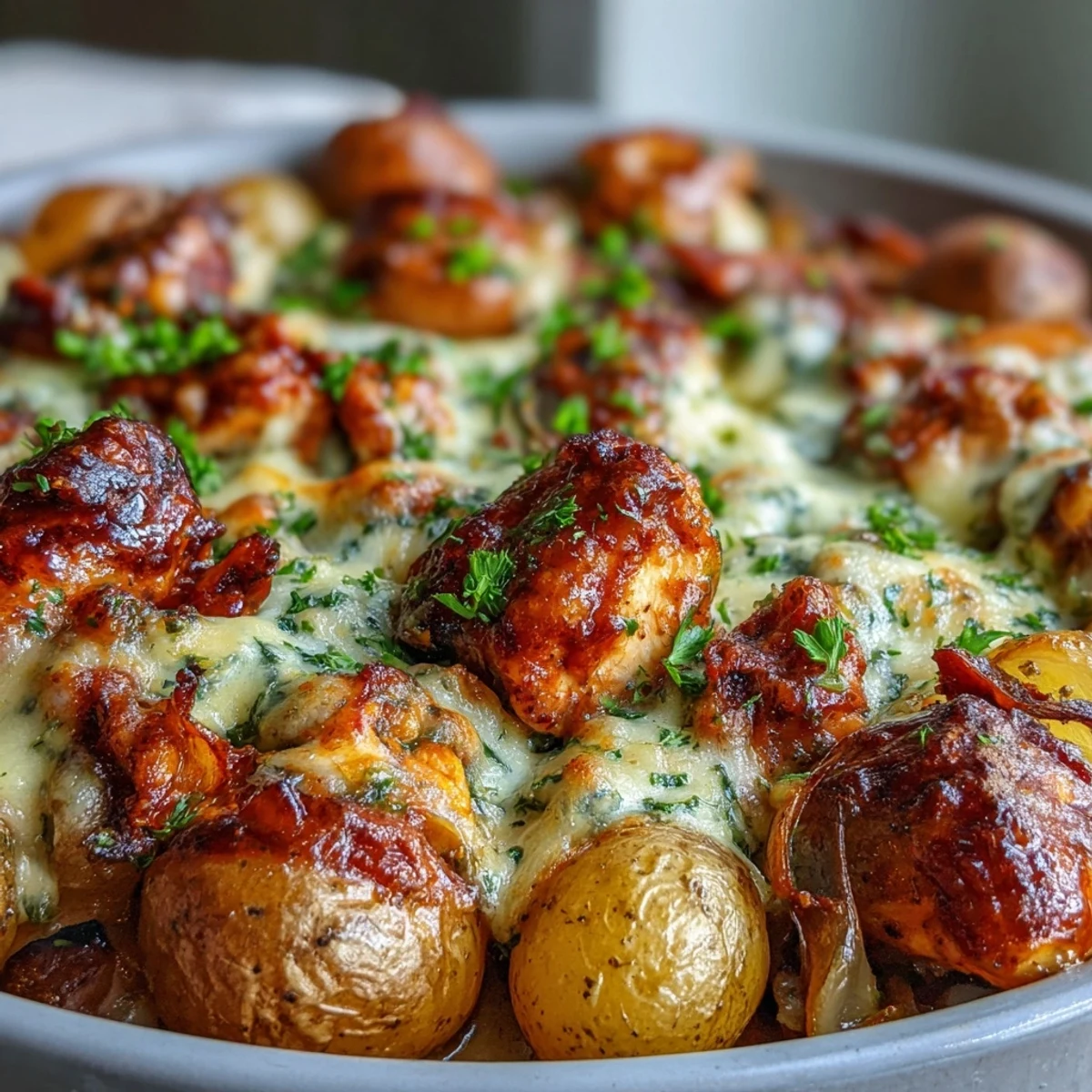 Golden, crispy roasted baby potatoes and juicy chicken coated in spicy Buffalo ranch sauce in one pan.