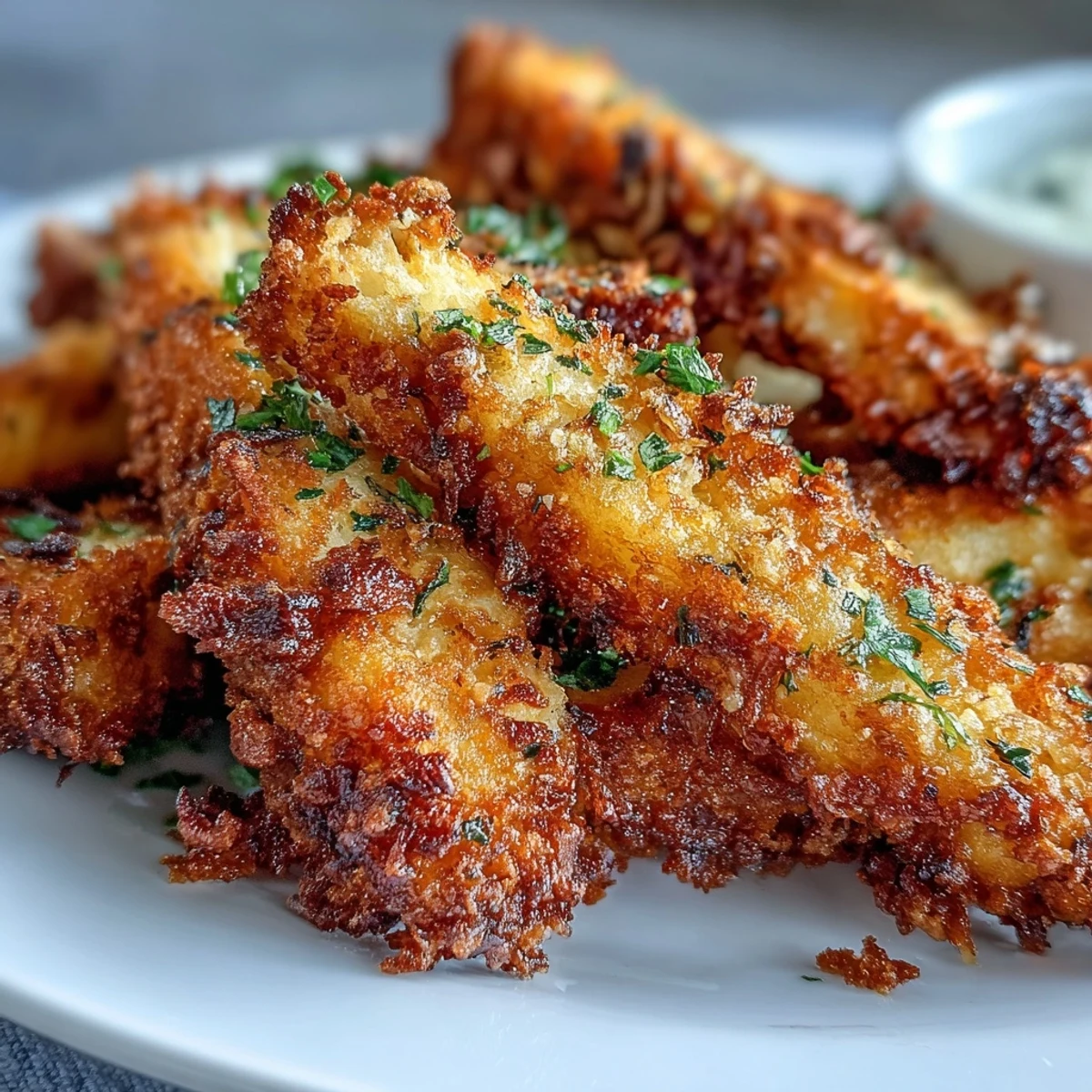 Oven-baked Crispy Baked Chicken Parmesan Fries served with warm marinara and cool ranch dips.