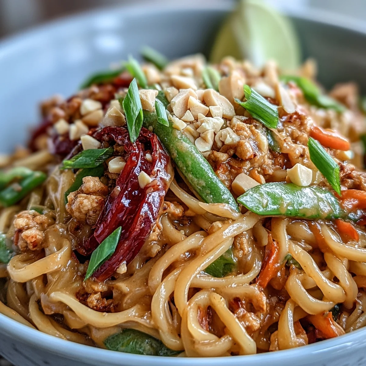 Creamy Thai-Inspired Peanut Noodle Bowls with sautéed vegetables and chopped peanuts, garnished with fresh cilantro and lime wedges.