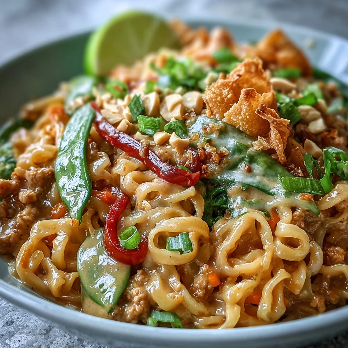 Close-up of Creamy Thai-Inspired Peanut Noodle Bowls highlighting glossy peanut sauce over noodles, crispy potsticker edges, and a garnish of fresh herbs.