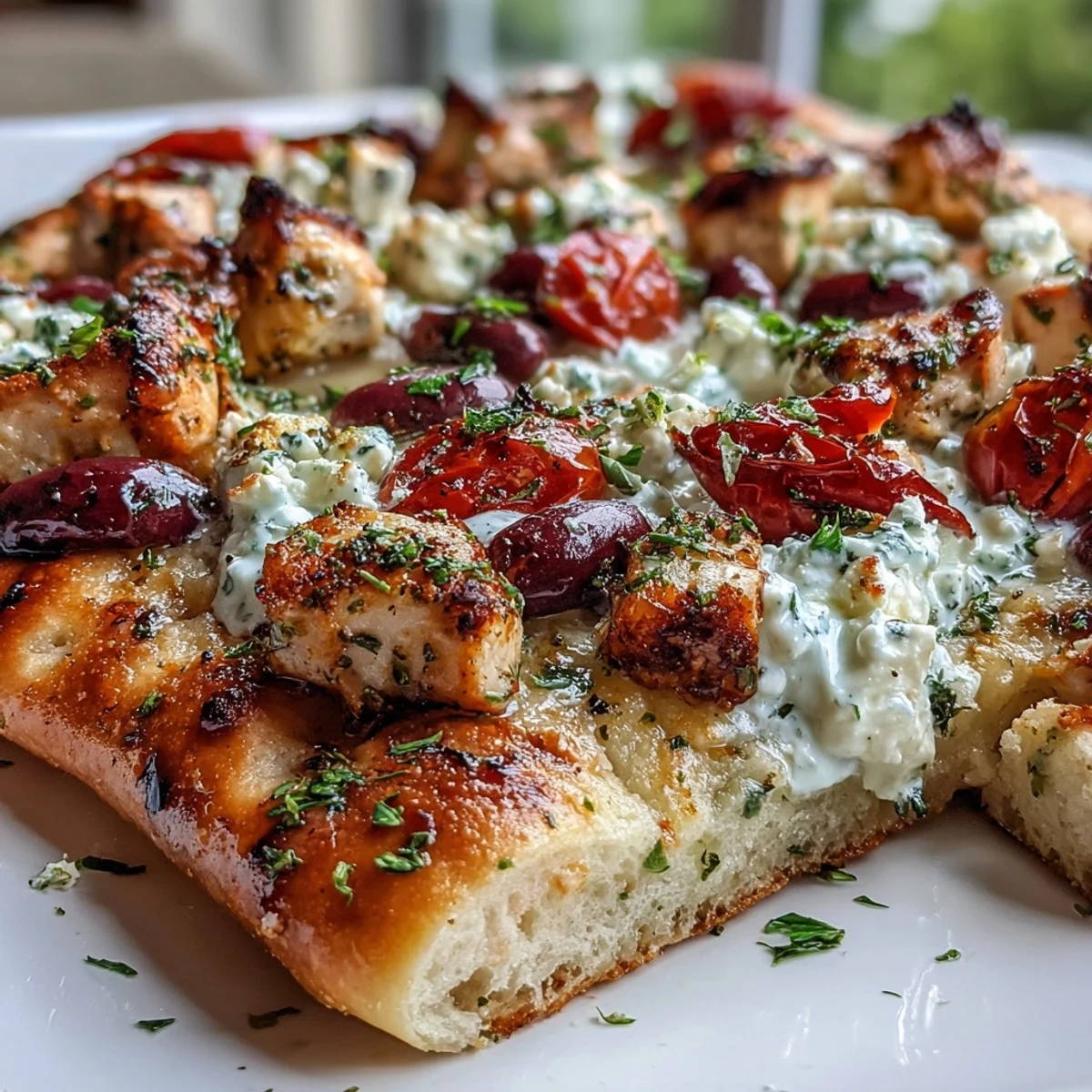 Golden-brown Lemon Feta Chicken Naan Pizza fresh from the oven, topped with vibrant cherry tomatoes, Kalamata olives, and a creamy tzatziki drizzle.