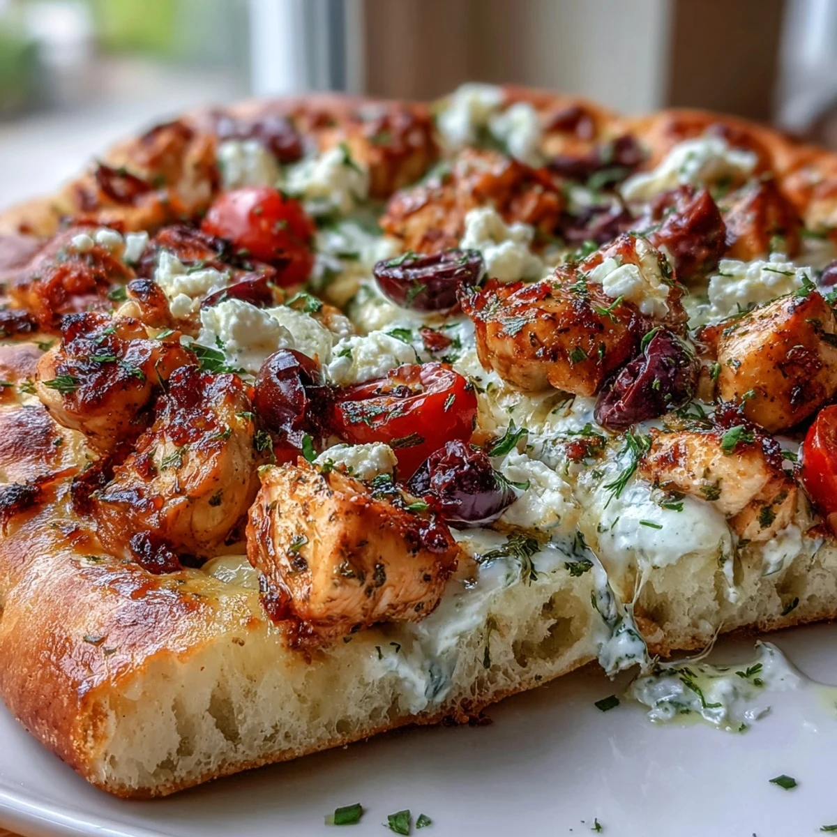 Overhead shot of a fully baked Lemon Feta Chicken Naan Pizza, ready to slice, with feta crumbles and red onion scattered over melted mozzarella.